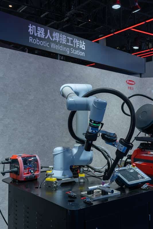 Schweißroboter im Lichtbogen-Schweißen mit Funken und Aramid-Schutzhülle