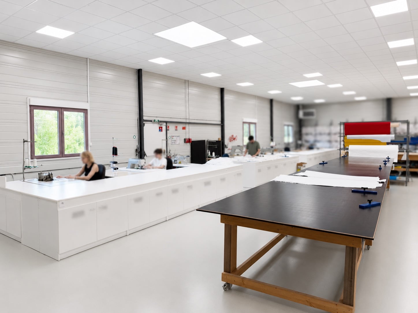 Atelier RCC à Toul : tables de découpe et rouleaux de tissus techniques